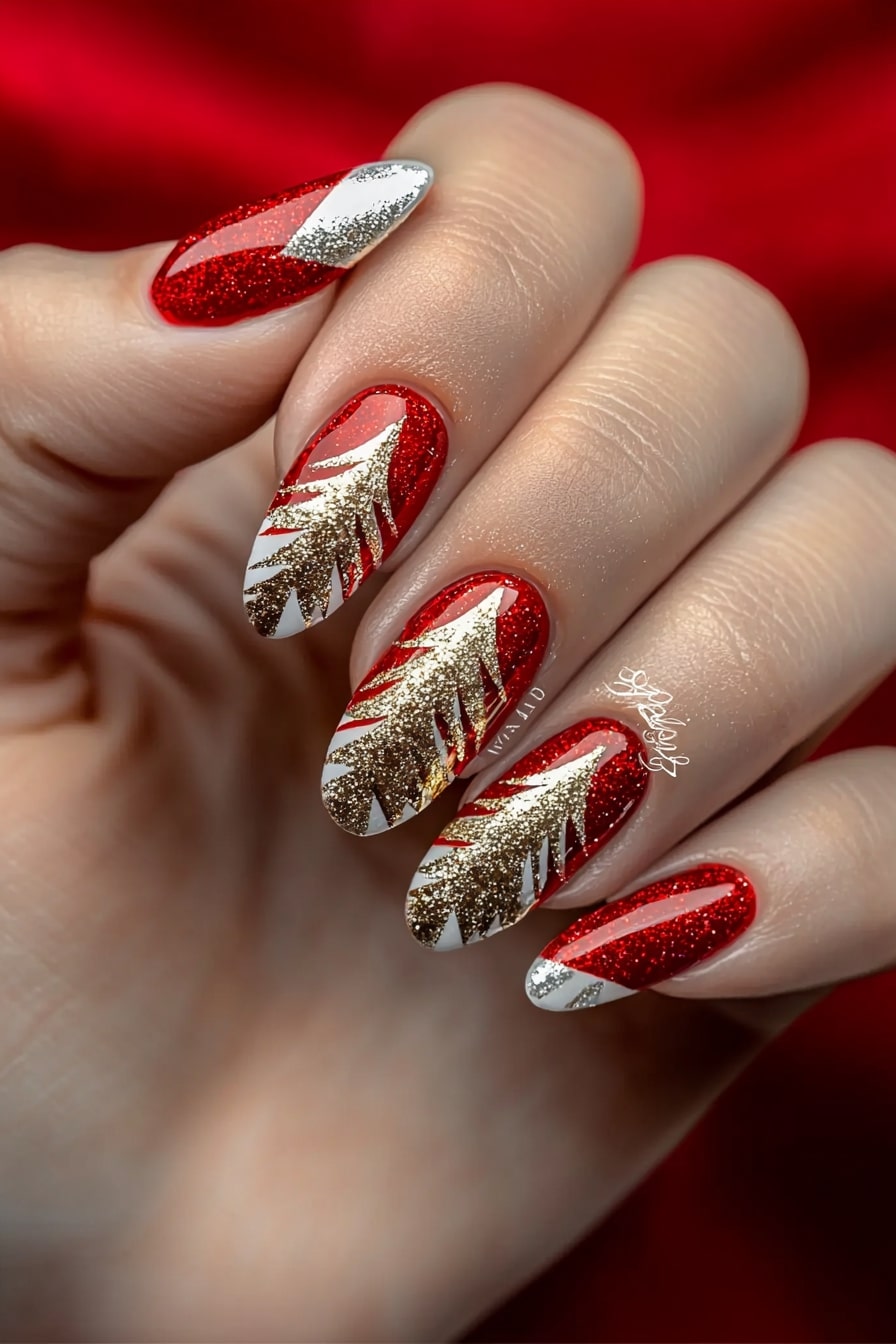 Simple classy Christmas nails with red and gold tree designs