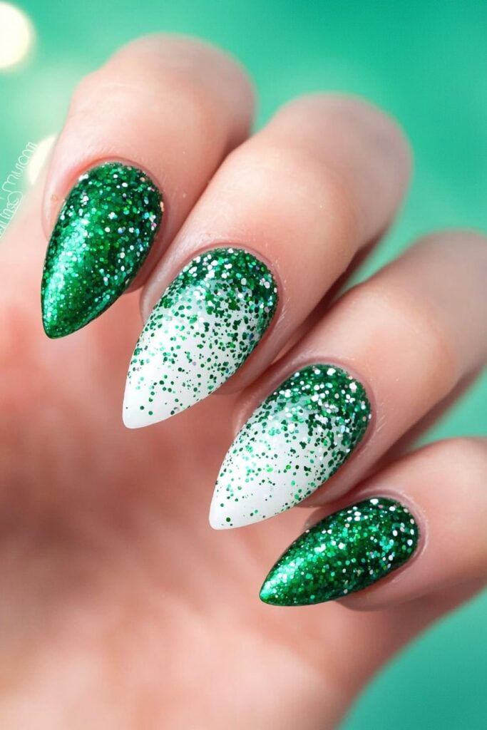 Festive green glitter gradient Christmas nails with white tips