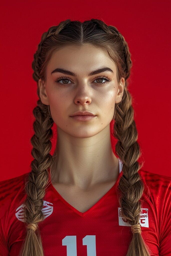 Basketball hairstyle featuring double Dutch braids in halo style