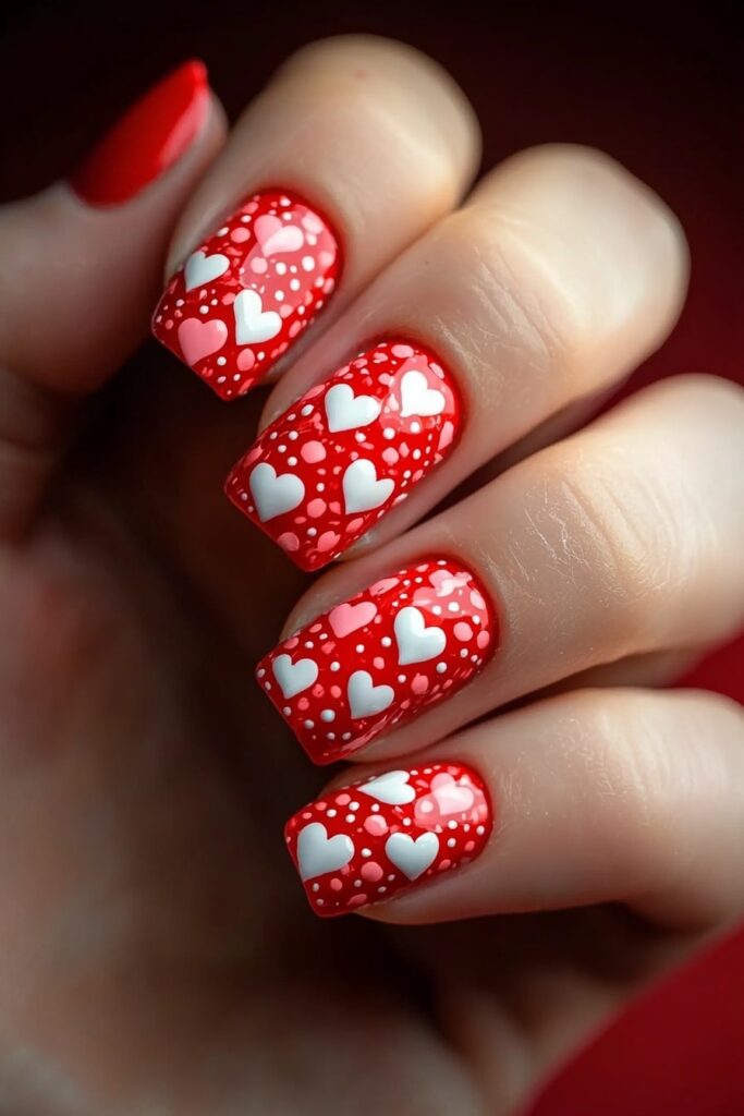 Red Christmas nails with white and pink heart pattern
