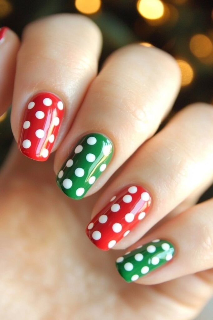 Red and green polka dot Christmas nail art alternating pattern