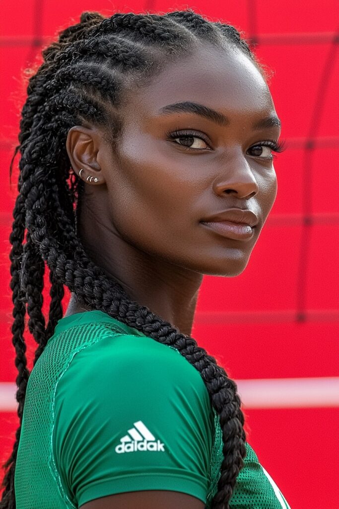 Basketball player in green jersey wearing long knotless braids