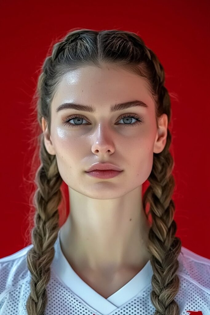 Basketball player with double lace braids against red background