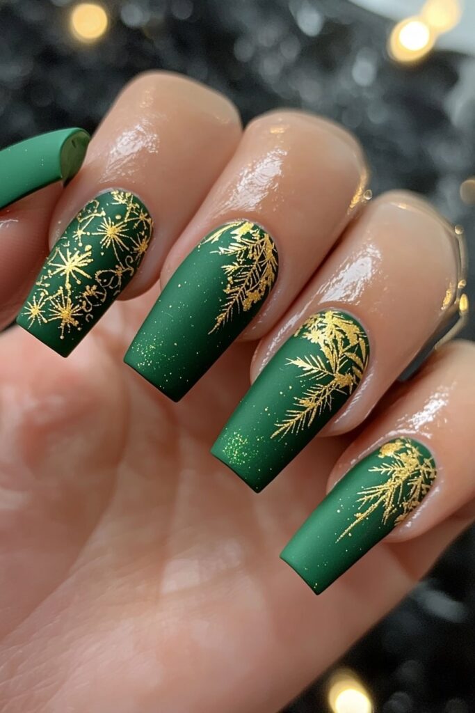 Matte emerald Christmas nails with gold snowflake and pine designs