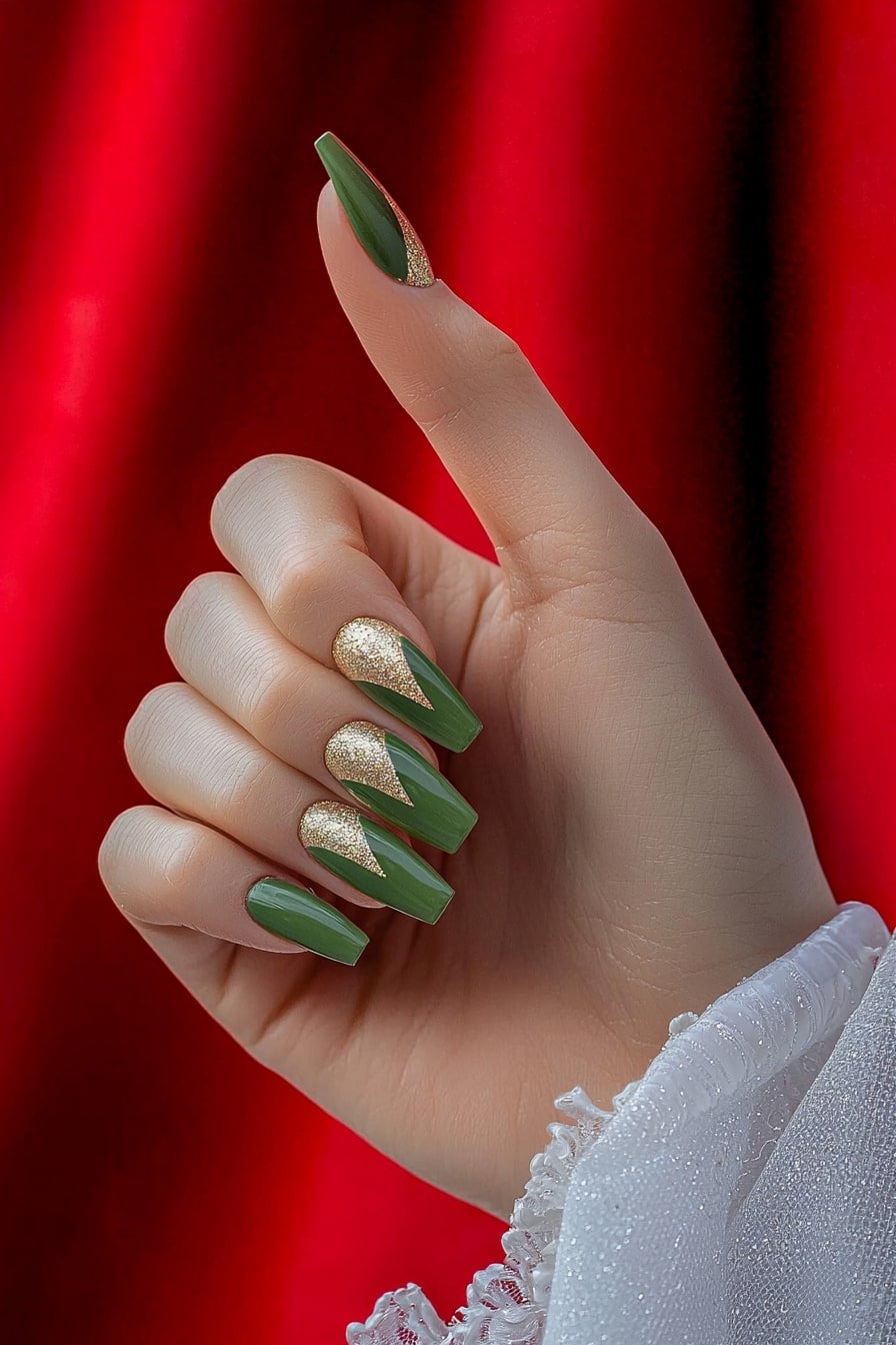 Simple Christmas nail design with green matte and gold glitter