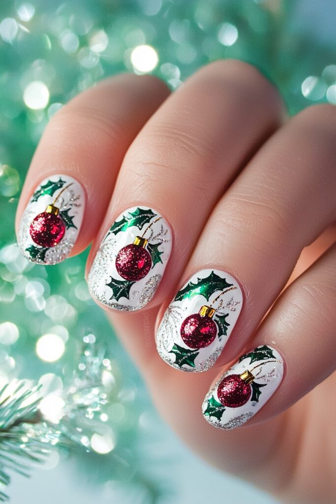 Red and green Christmas nail designs featuring metallic baubles and holly leaves.