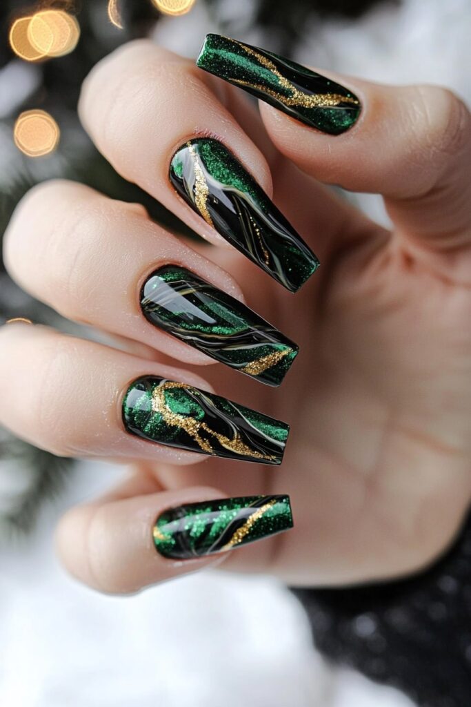 Emerald green Christmas nails with gold marble swirl design