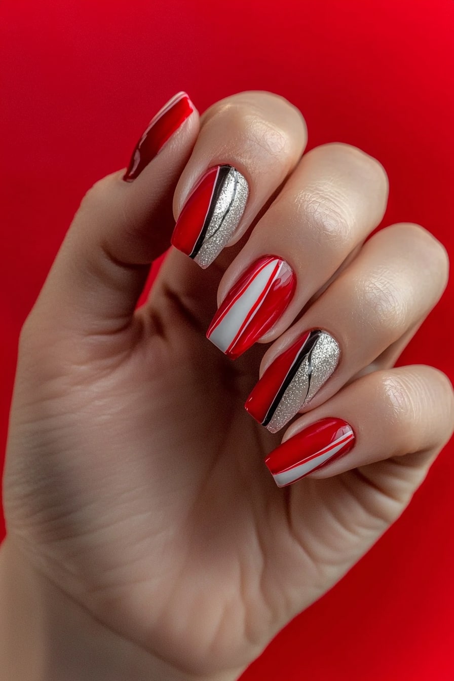 Simple Christmas nails with red, silver and white geometric stripes