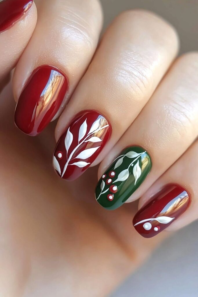 Red and green Christmas nails featuring elegant white mistletoe designs