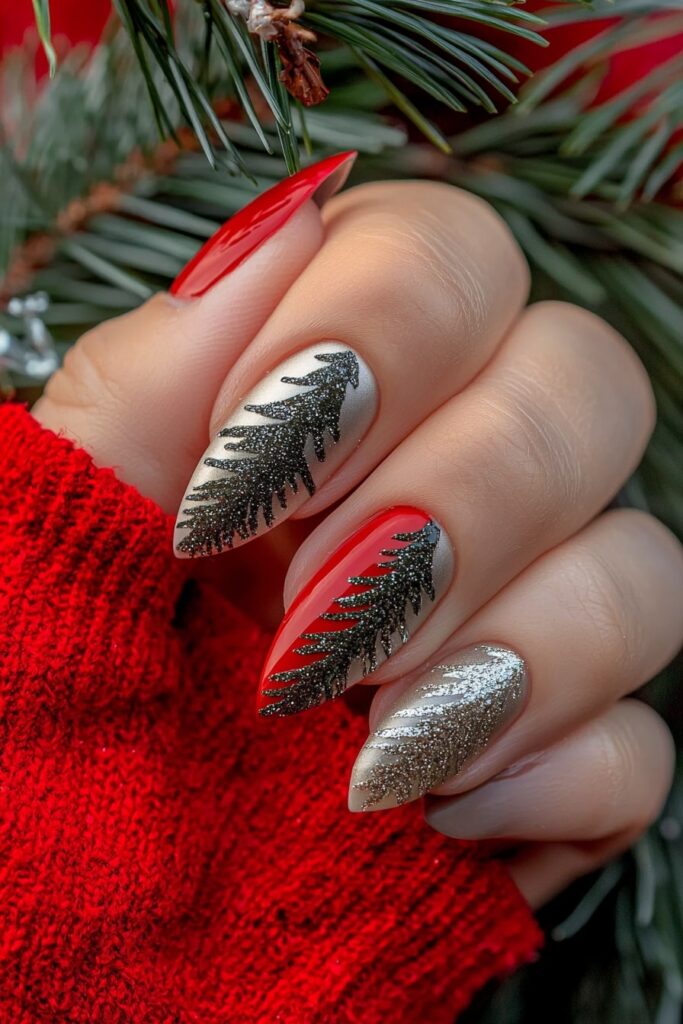 subtle christmas nail designs with sparkly pine tree silhouettes