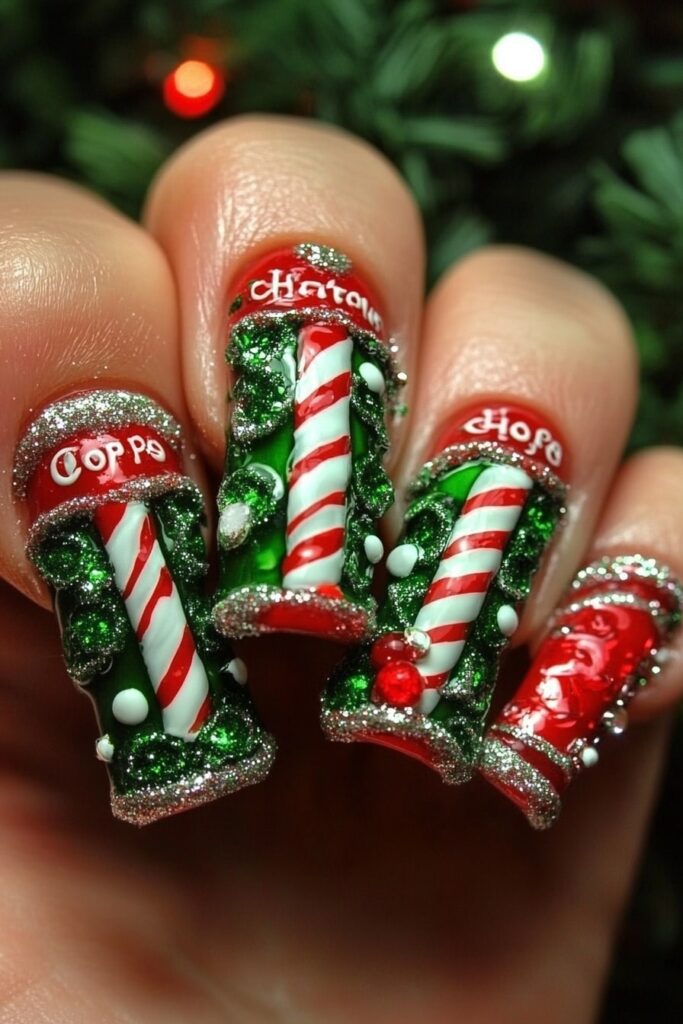 Red and green Christmas nail designs featuring candy canes and North Pole-inspired text.