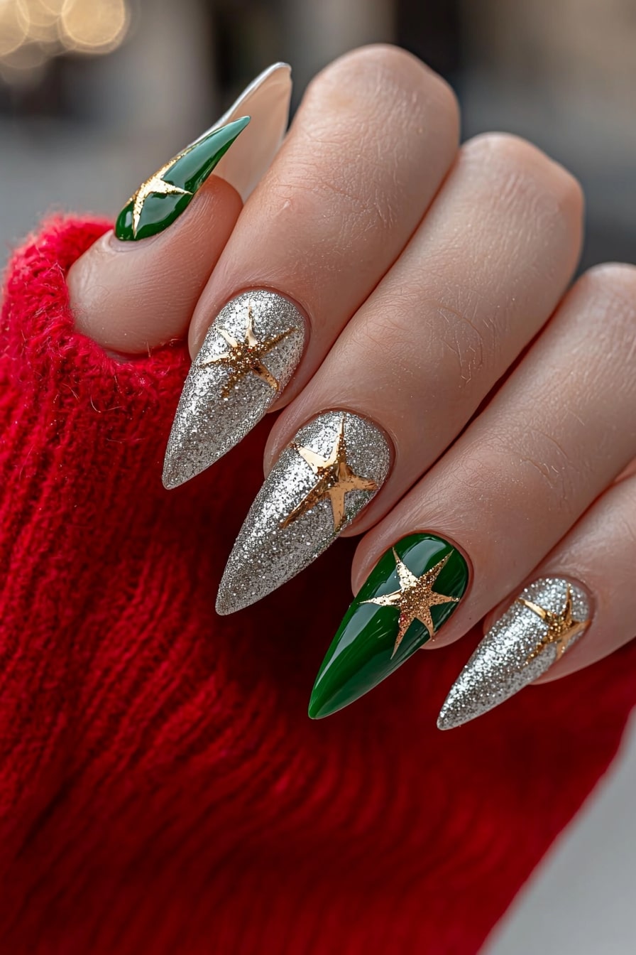 Simple classy Christmas nails with green and silver glitter, gold stars