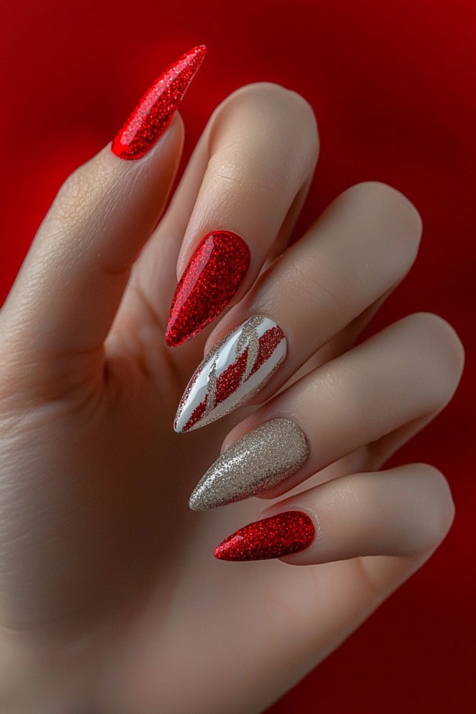 Christmas nail design with red glitter, silver, and ornament patterns