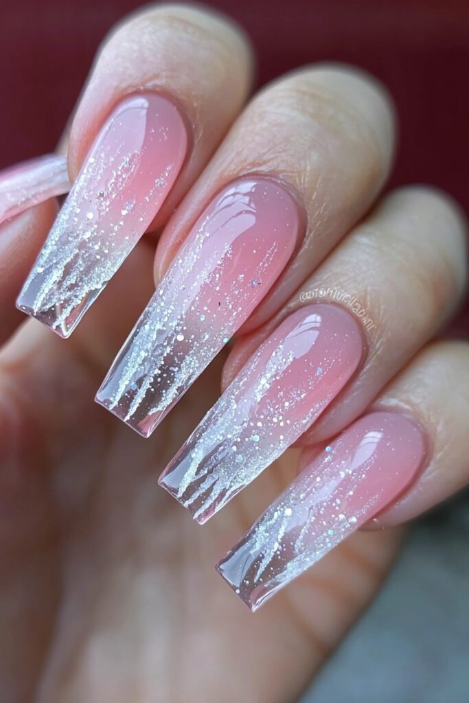 Pink coffin nails with white glitter icicle design for winter