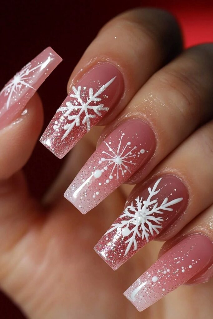 Pink and red Christmas nails with white snowflake designs