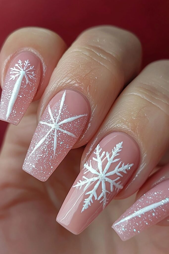 Pink Christmas nails with glittery white snowflake patterns