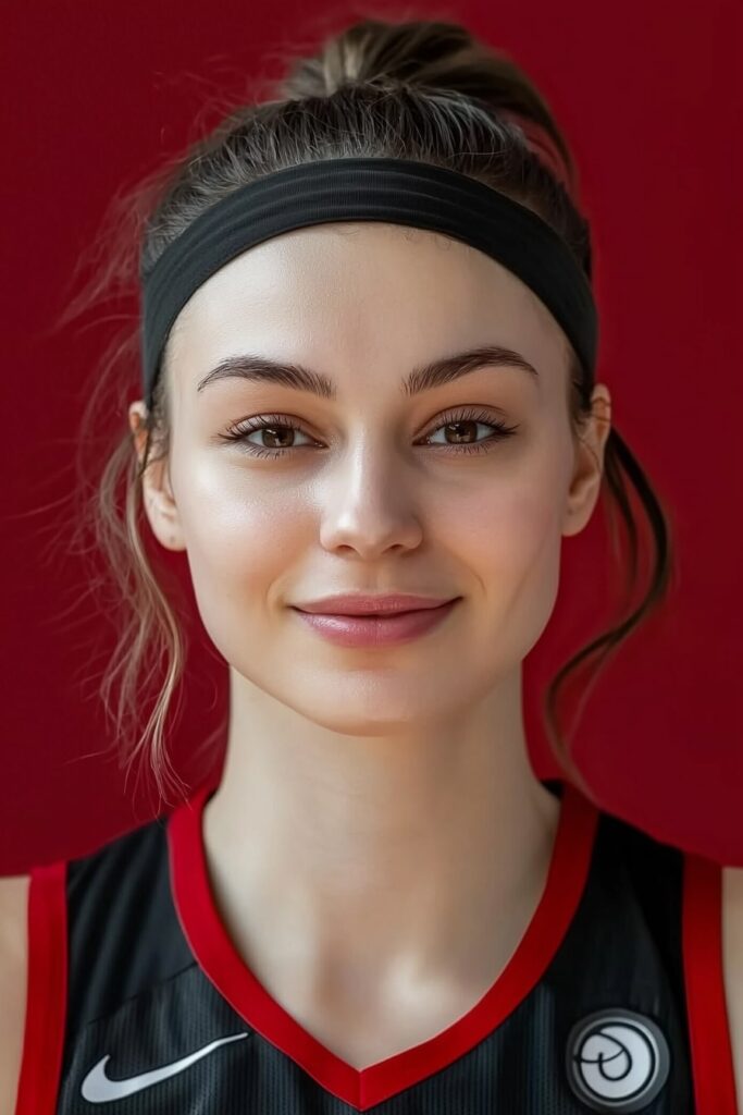 Easy basketball hairstyle with black headband and pulled-back bun