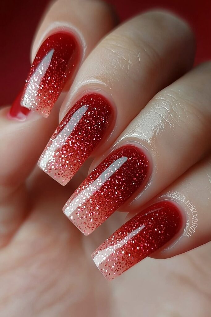 Christmas nail design with red to white glitter ombre