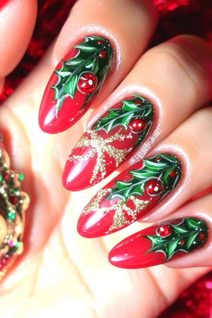 Red Christmas nails with green holly leaves and gold glitter