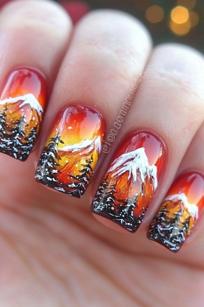 Red and orange winter mountain landscape nail art with snowy peaks