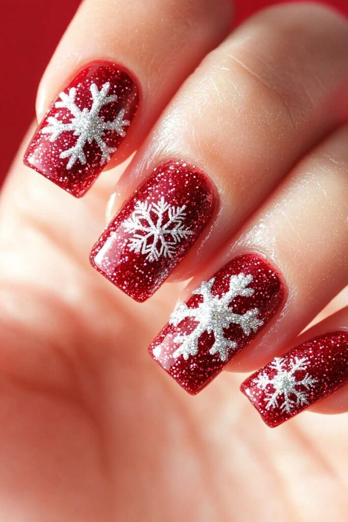 Red glitter Christmas nails with silver snowflake designs