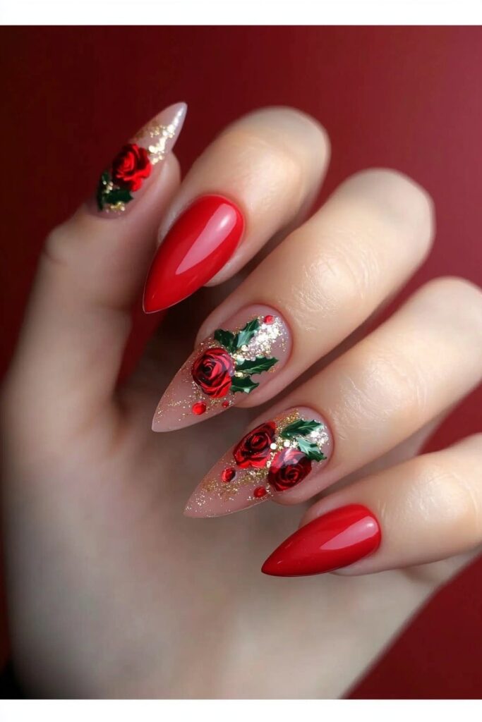 Pink and red Christmas nails with painted roses and holly