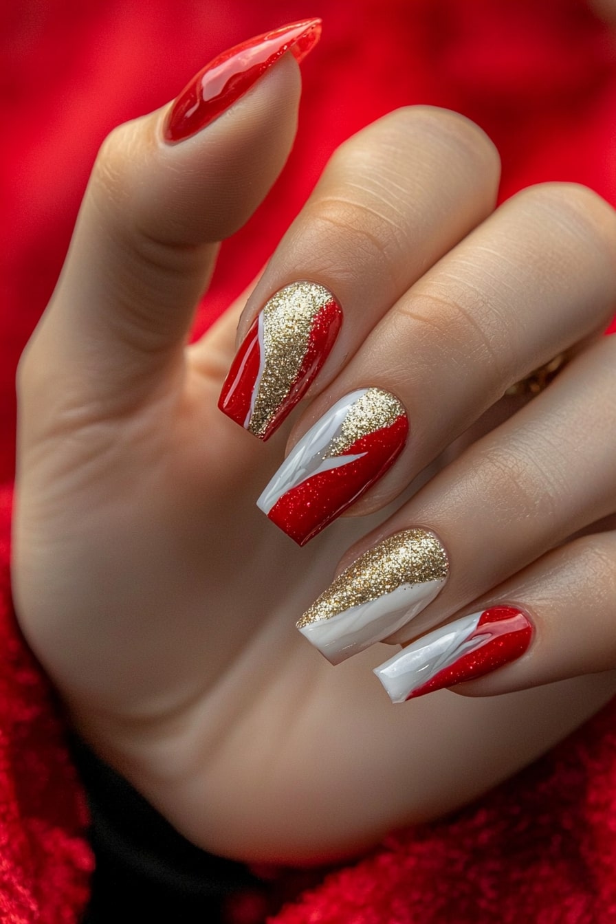 Simple classy Christmas nails with red, gold and white geometric design