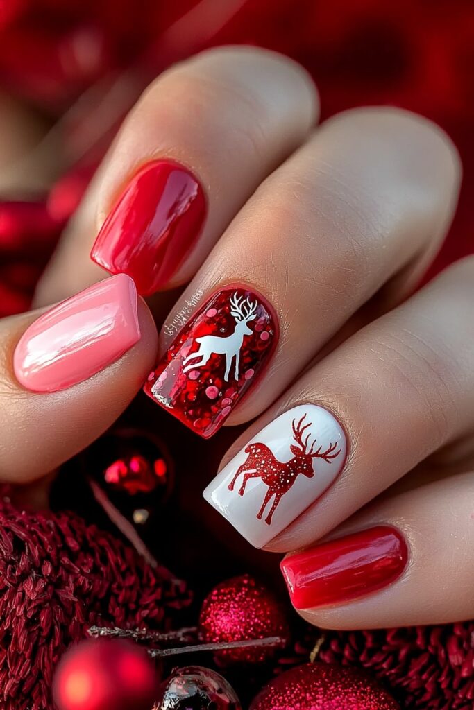 Pink and red Christmas nails featuring reindeer silhouettes and glitter