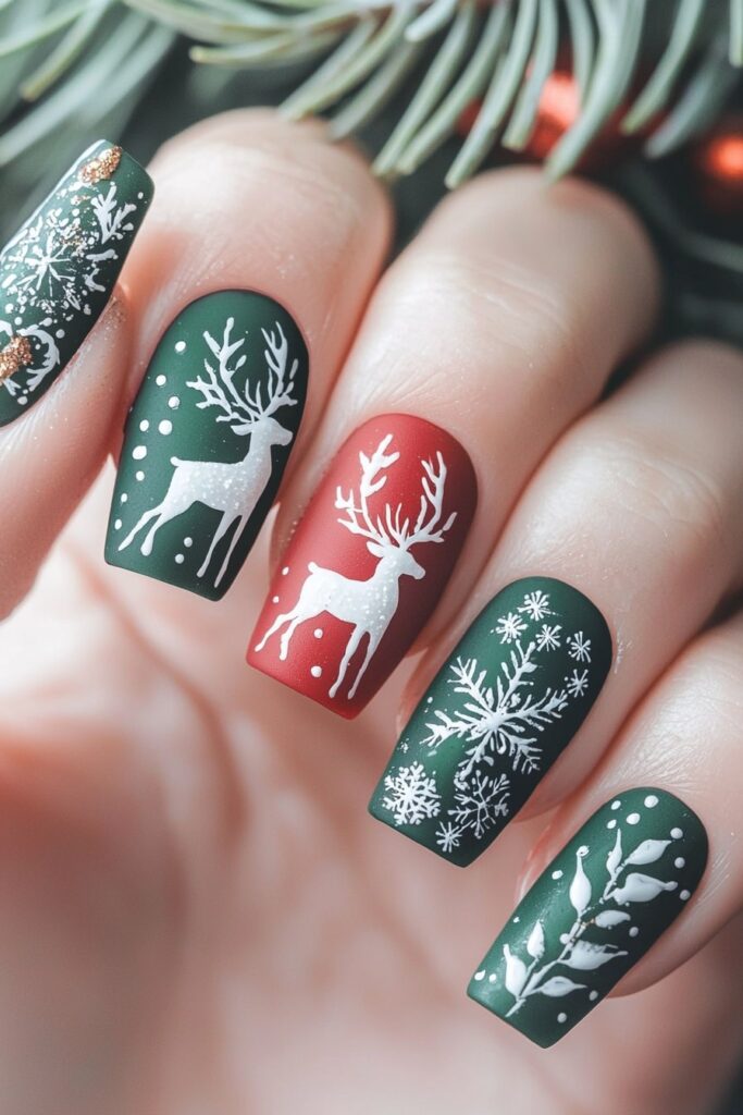 Red and green Christmas nail designs featuring reindeer silhouettes and winter motifs.