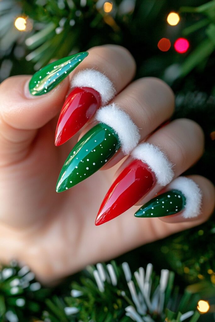 Red and green Christmas nail designs with Santa hat-inspired fluffy white tips.