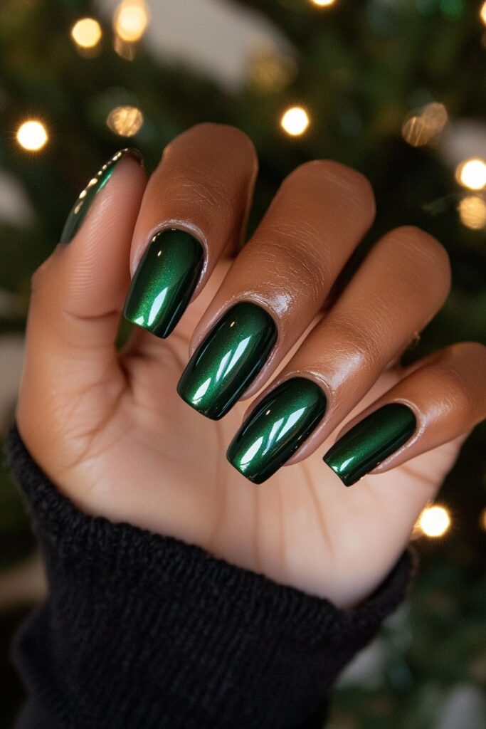 Metallic emerald green Christmas nails with glossy holiday shimmer