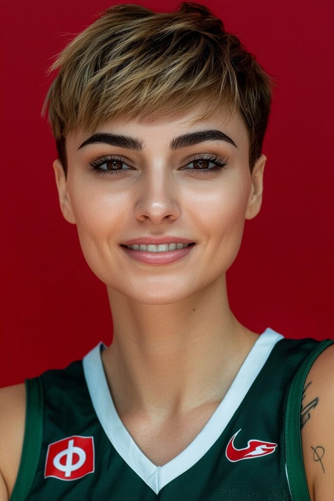 Short layered pixie cut, easy basketball hairstyle with blonde highlights