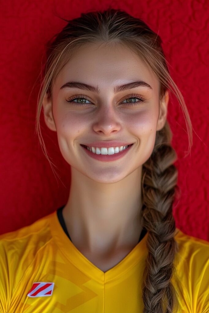 Basketball player wearing yellow jersey with side fishtail braid