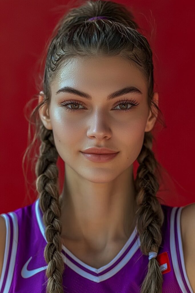 Easy basketball hairstyle with twin braids in purple jersey