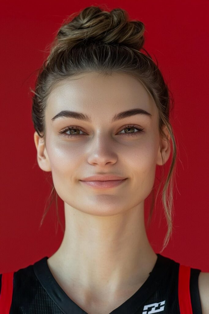 Simple messy bun basketball hairstyle secured with hair clip