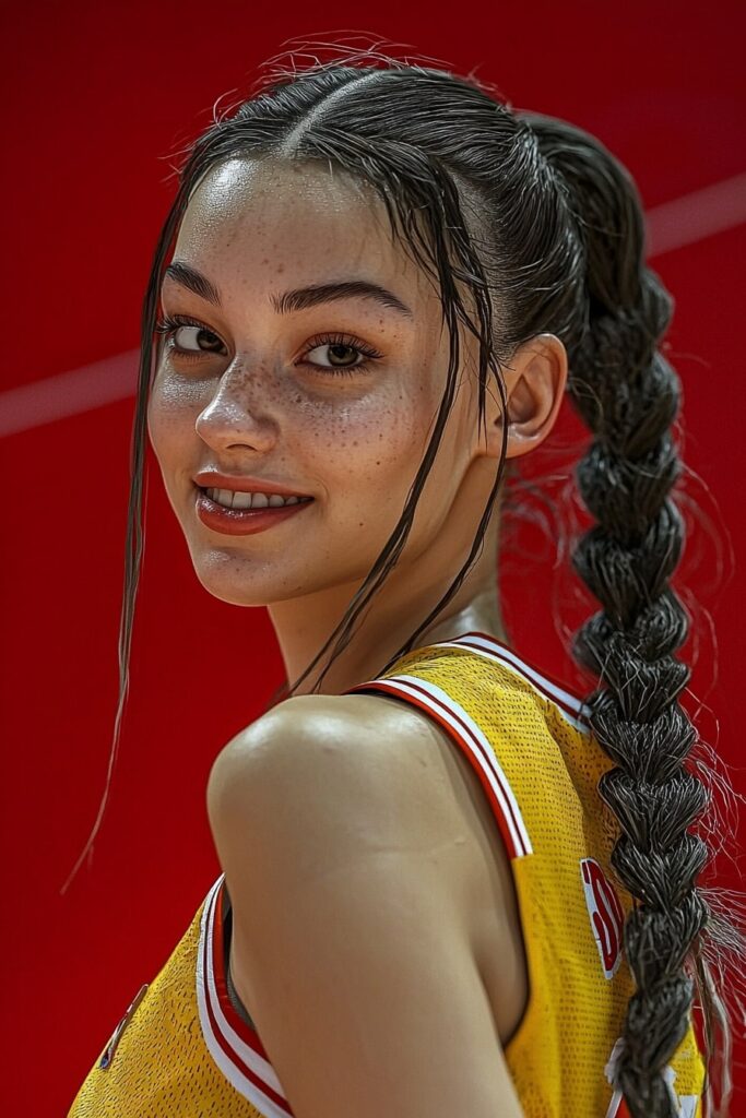 Basketball player with sleek ponytail against red background, wearing yellow jersey