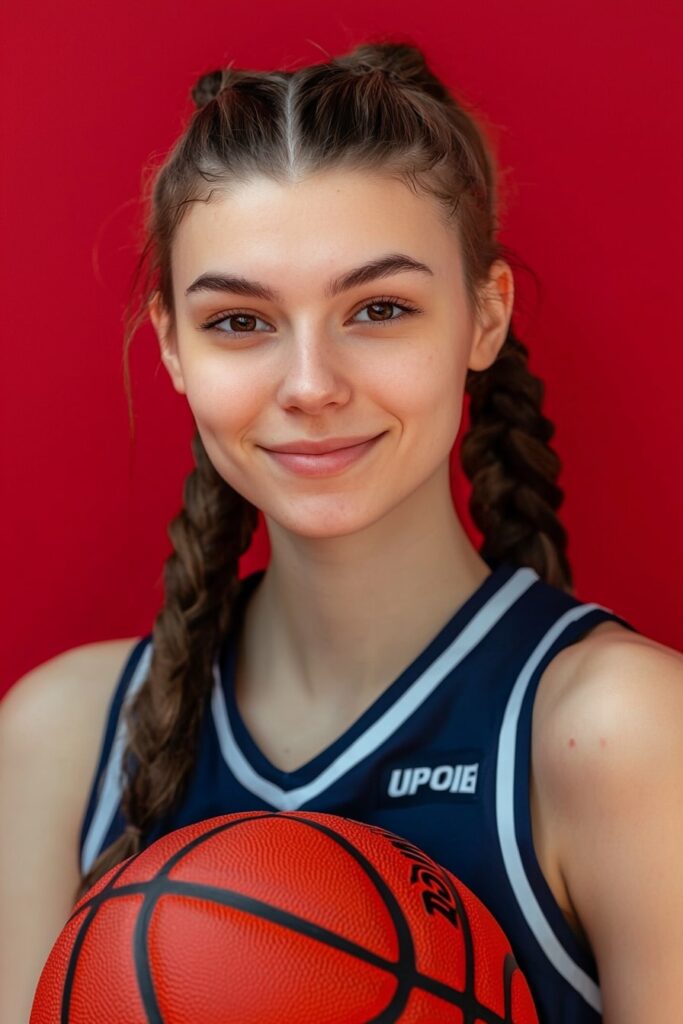 Simple low pigtails basketball hairstyle with center part