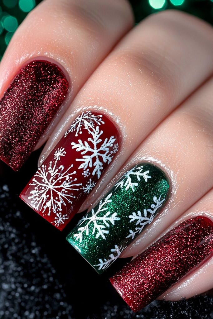 Red and green Christmas nail designs with glittery snowflakes and festive patterns.