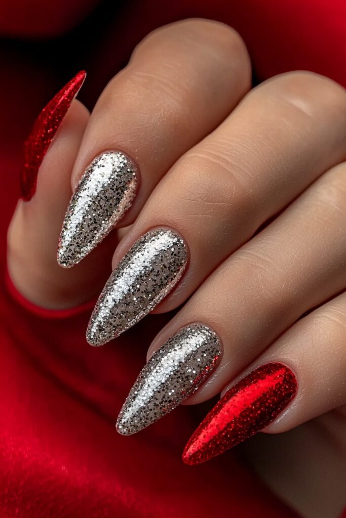 subtle christmas nail designs with silver and red metallic glitter