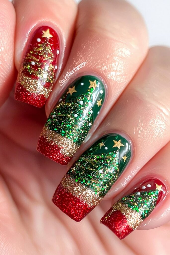 Sparkling Christmas tree art in red and green nail designs