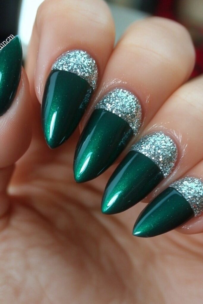 Emerald green Christmas nails with silver glitter half-moons