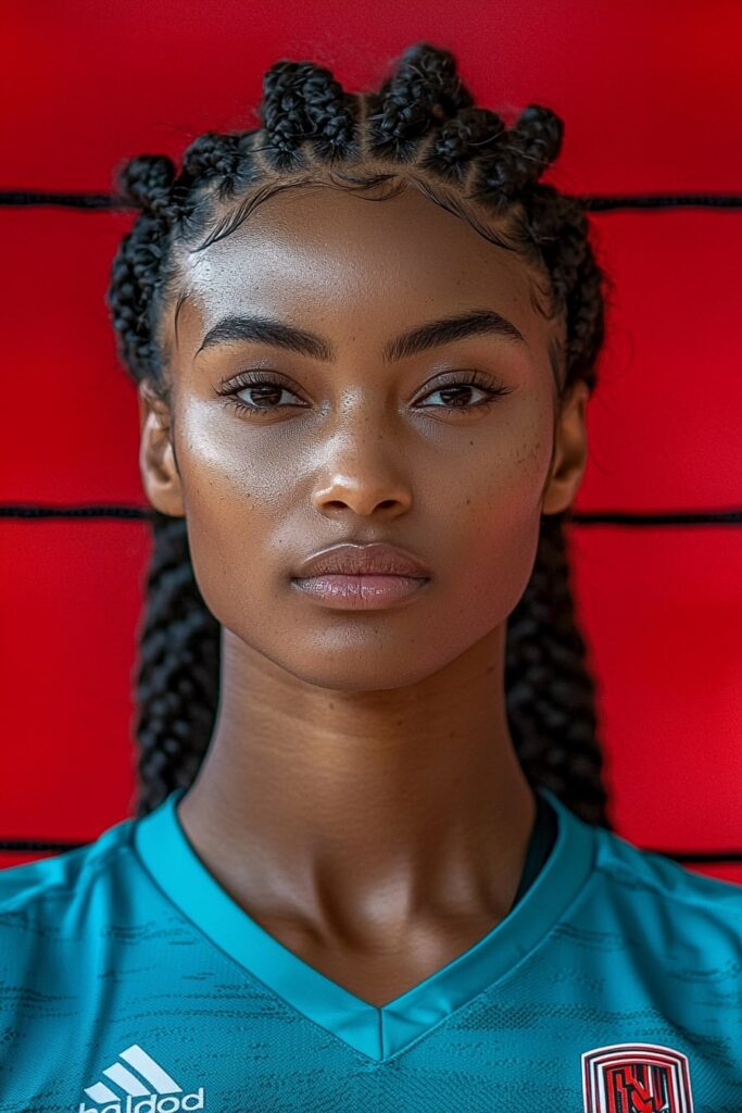 Basketball athlete with soft updo hairstyle against red background