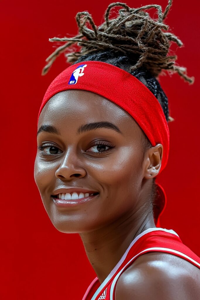 Basketball player wearing red NBA headwrap with loose natural hairstyle