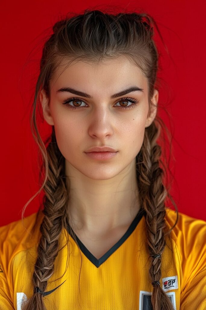 Basketball player showing twisted double braids with yellow jersey