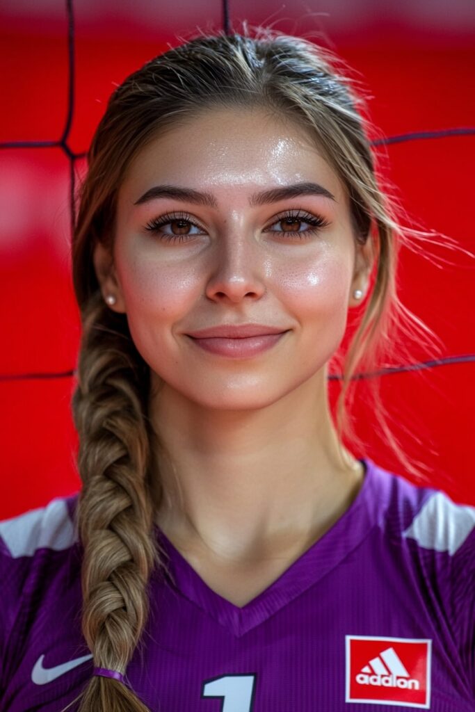 Side-swept waterfall braid hairstyle for basketball player wearing purple