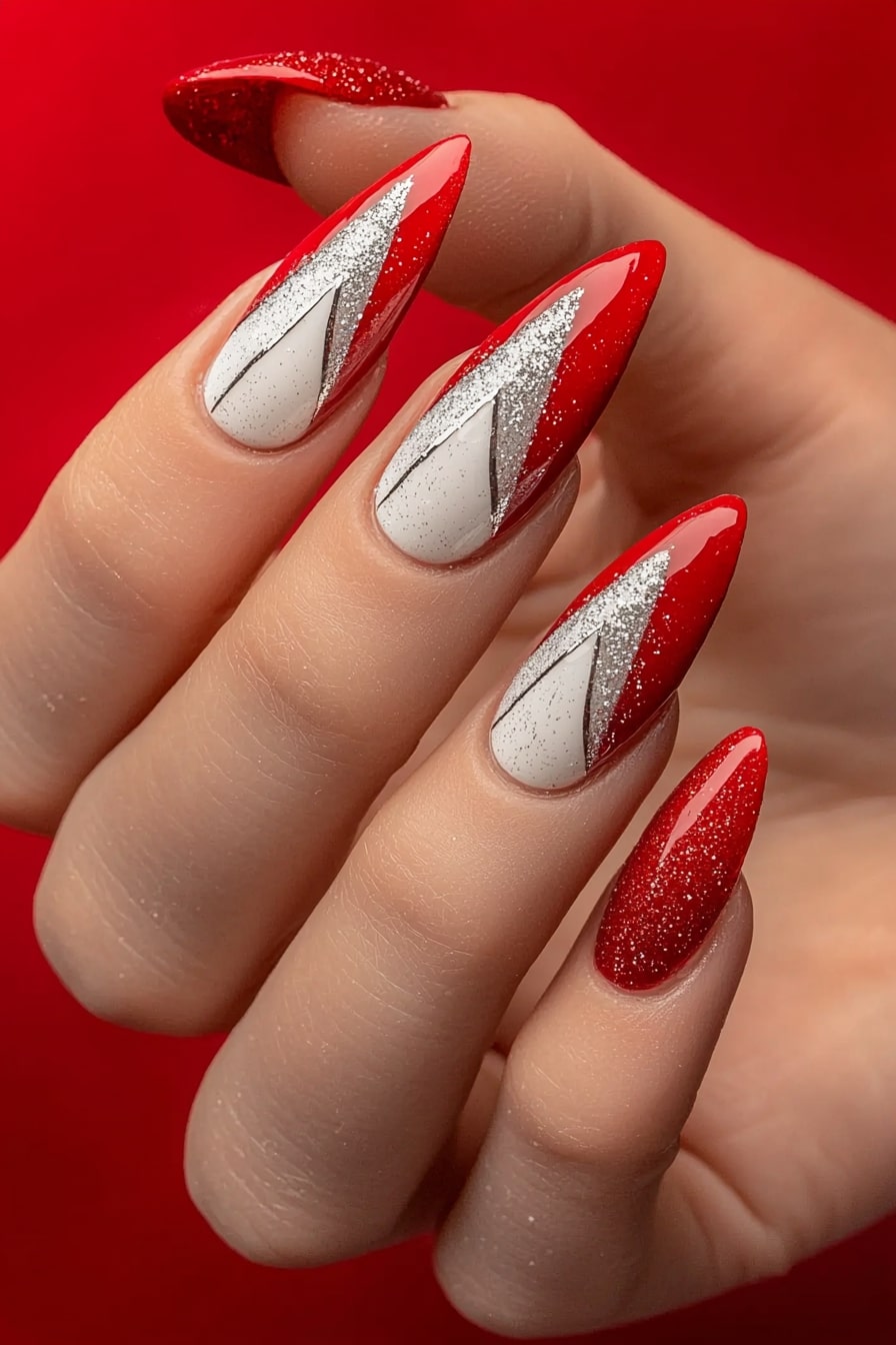 Simple classy Christmas nails with red and white geometric design