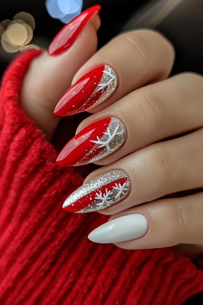 Pink and white Christmas nails featuring delicate snowflake accents