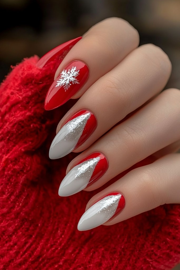 Pink and white Christmas nails with snowflake and glitter designs