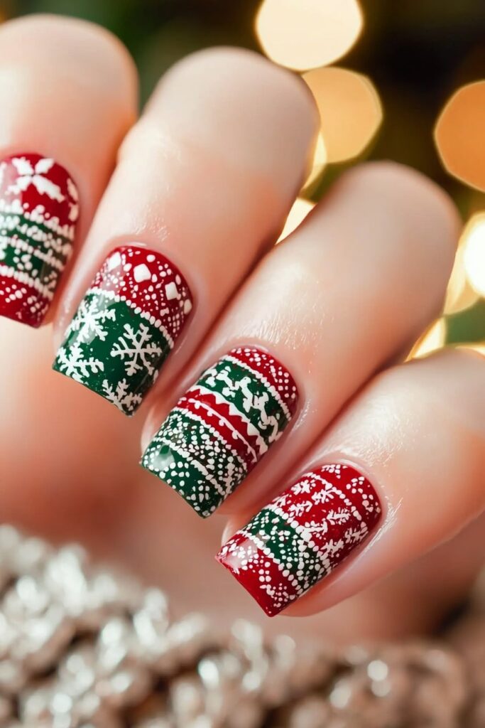 Red and green Christmas nail designs featuring intricate winter sweater patterns and snowflakes.