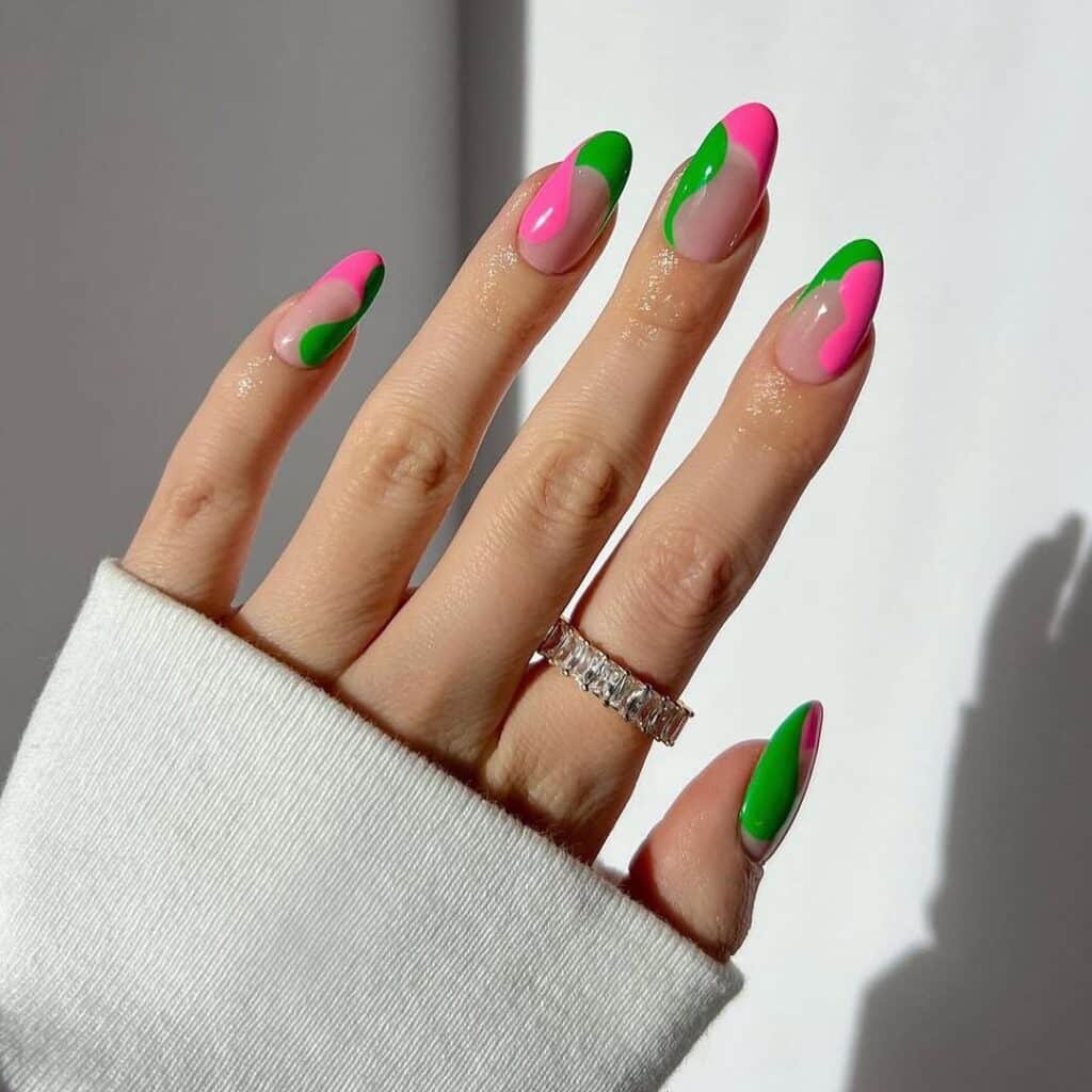 Wicked nails pink and green diagonal design with clear base